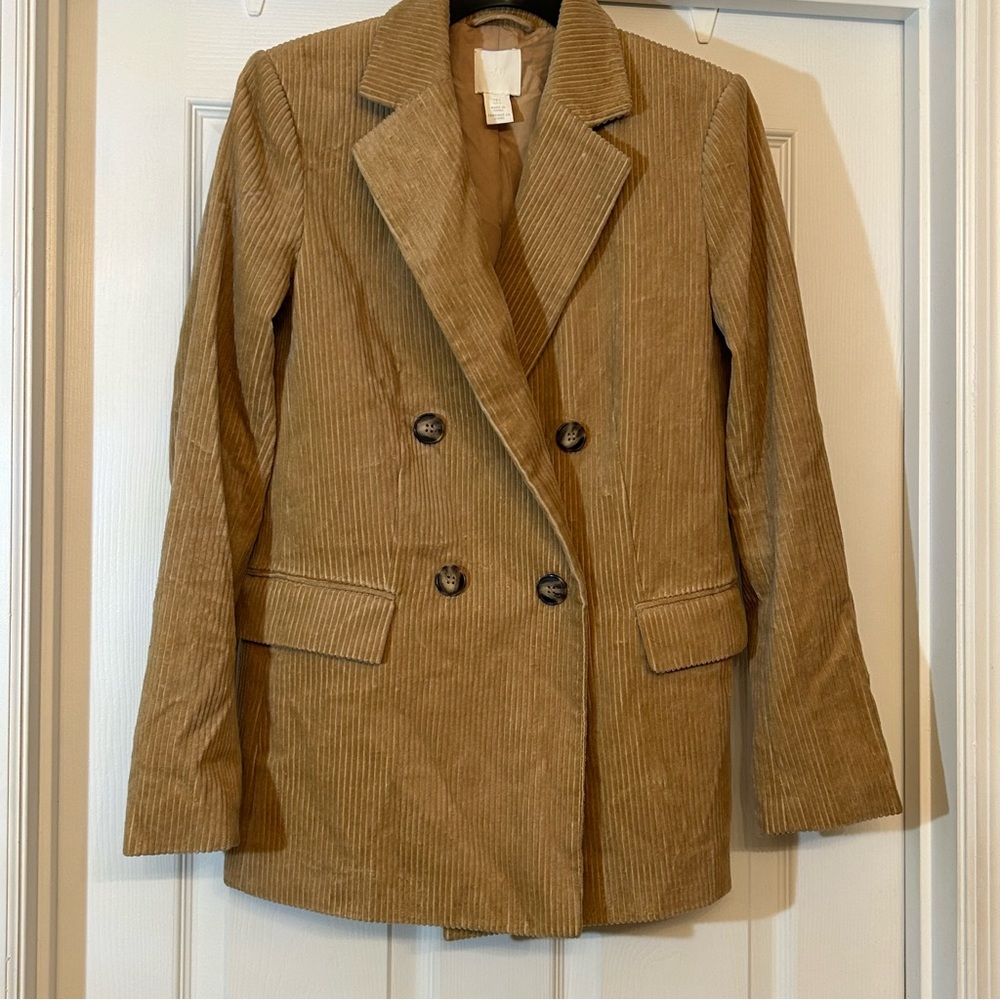 H&M Jacket Women’s Size 6 Tan Brown Corduroy Double Breasted Jacket - Picture 2 of 10